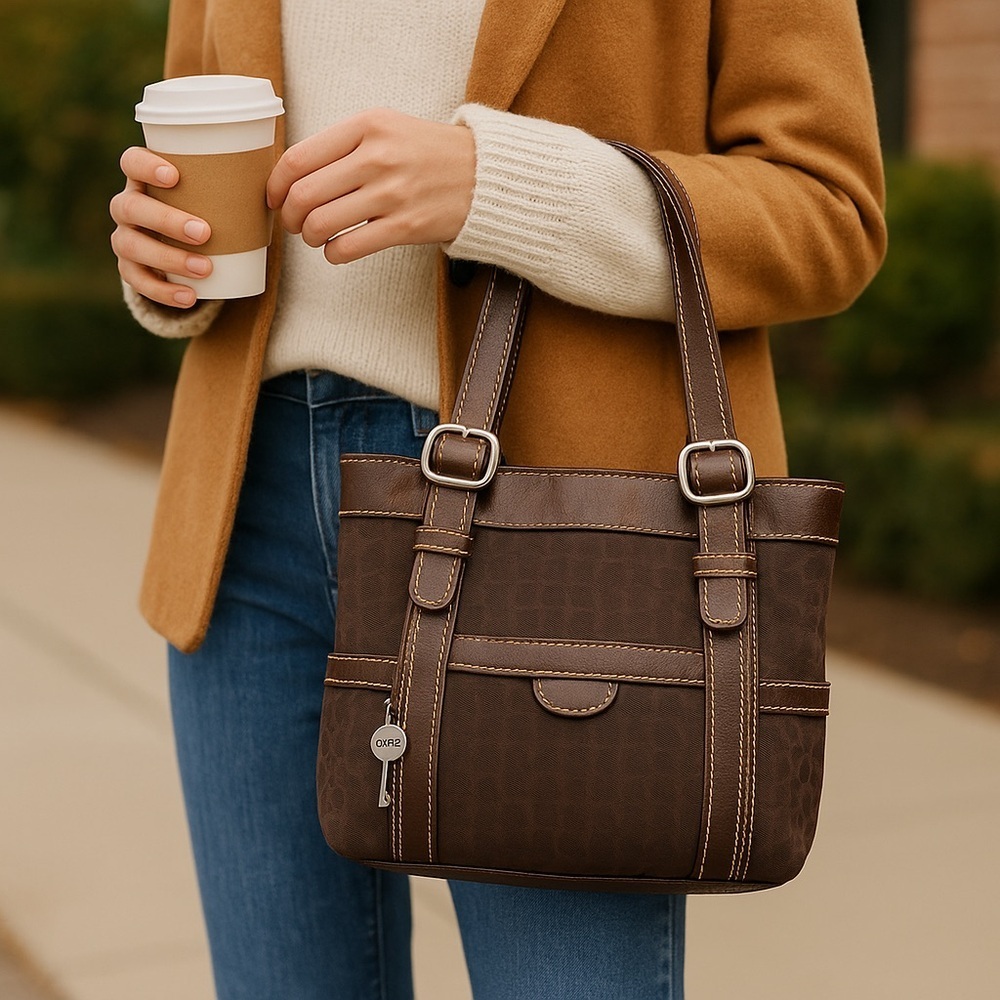 Fossil Brown Signature Canvas & Leather Buckle Tote Bag